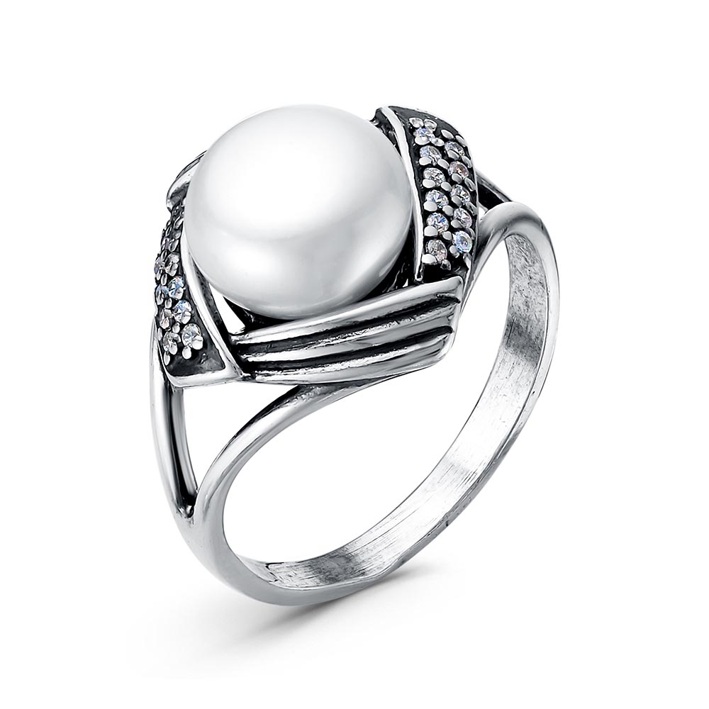 Кольцо в оксидированном серебре с жемчугом и фианитами