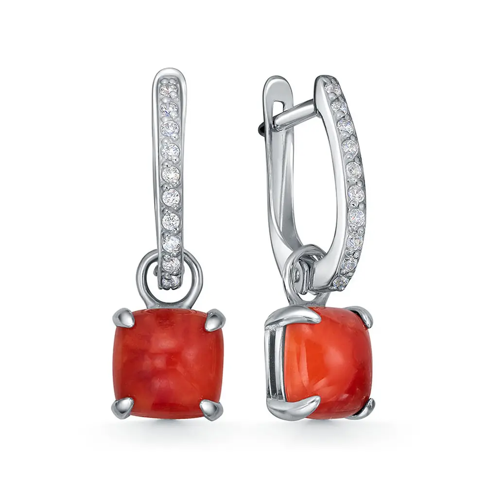 Серьги в серебре с фианитами и кораллом